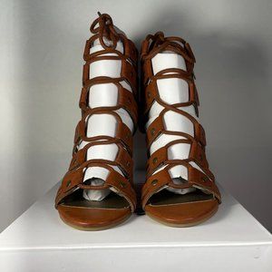 JustFab Alda Women’s Wedge Gladiator Laced Tie Sandals Zipper Heel Cognac Size 6
